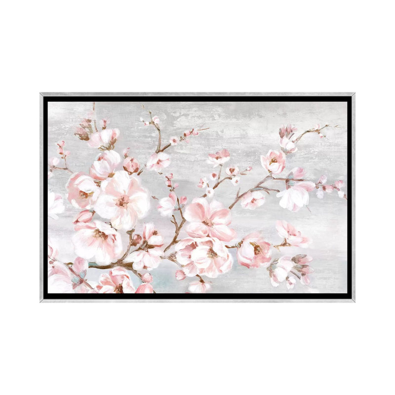 «Spring Cherry Blossoms I» par Eva Watts - reproduction d'art sur papier, Toile avec cadre argenté, Pas de tapis