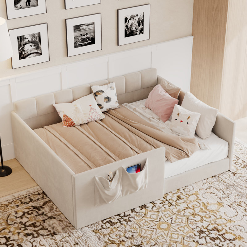 Full Size Daybed Velvet Upholstered Sofa Bed with High Side Panels and Side Entrance, Space-Saving Guest Bed with Storage Pockets