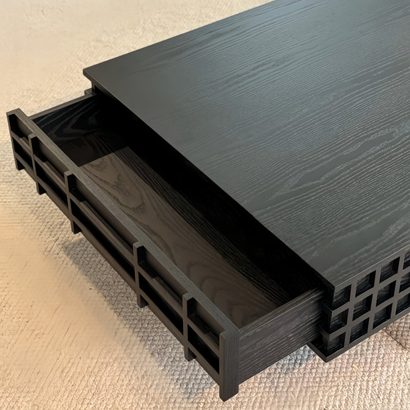 Table basse carrée noire avec tiroirs de rangement 