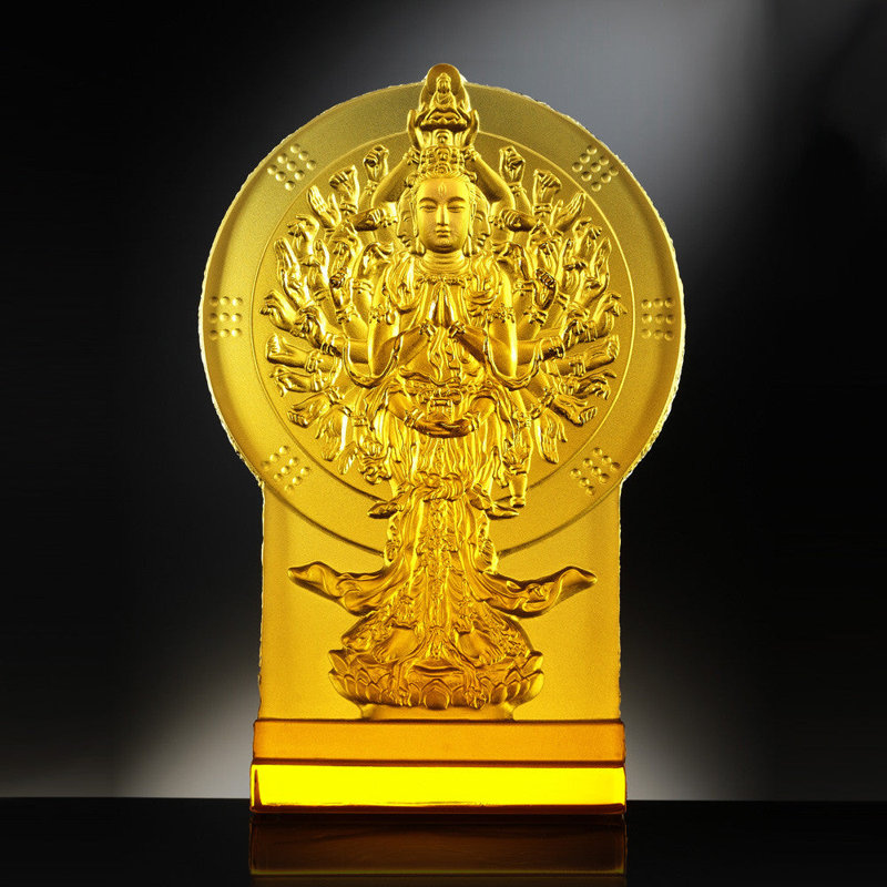 LIULI Crystal Art Crystal Buddha, Thousand Arms Guanyin Figurine, "The Light Of Guanyin", Light Amber