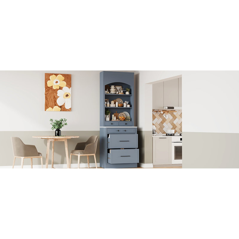 83.7Inch Tall Kitchen Storage With Faux Marble, 5 Drawers And Adjustable Shelf, Gray Freestanding Unit For Efficiency Cupboard Tall, Shelf Organization