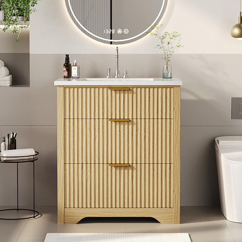 Modern Fluted Bathroom Vanity with Basin – Freestanding Cabinet, 2 Soft-Close Drawers, 1 Rotating-Down Drawer, Easy Assembly & Cleaning, Single Basin, 30 Inch
