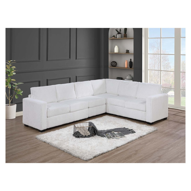 Ensemble de canapé modulaire en L 4 pièces avec coin en coin, fauteuil sans accoudoirs et deux causeuses en velours côtelé Milk White