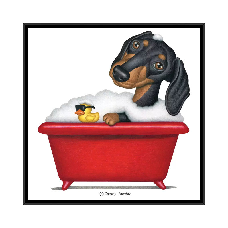 «Black Dachshund in Red Tub» par Danny Gordon - impression d'art graphique, Toile avec cadre noir, Pas de tapis
