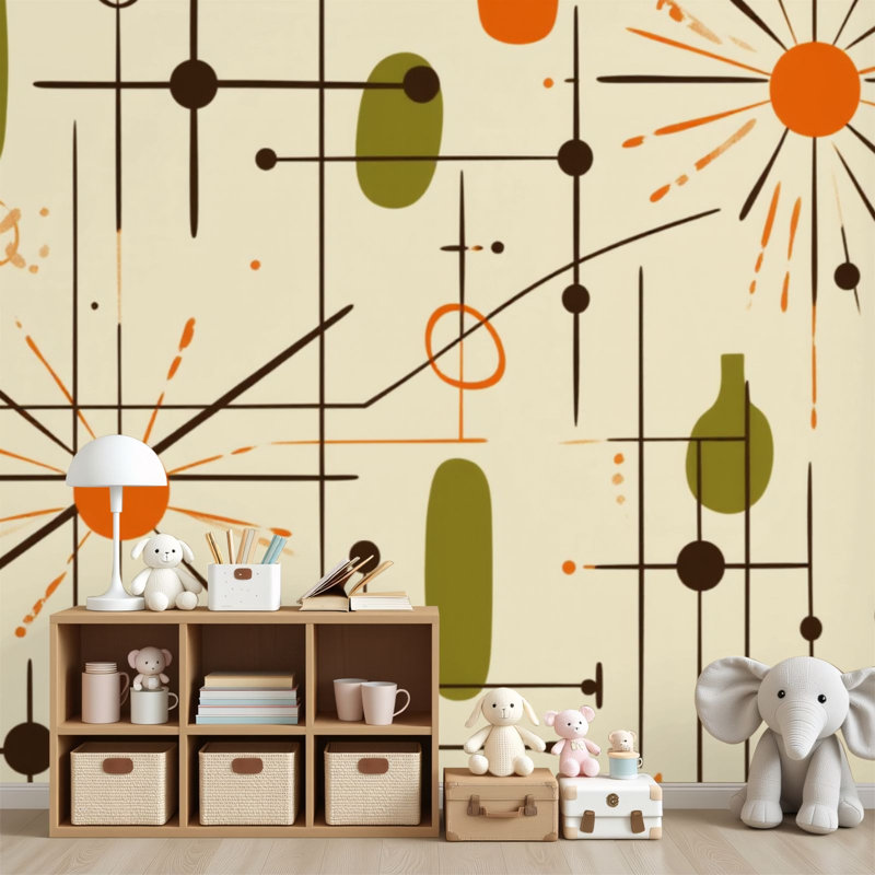 Papier peint adhésif autocollant à motif géométrique abstrait orange Mid Century, L 96 po x l 69 po