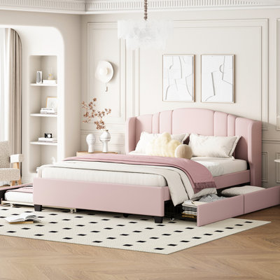 Lit plateforme tapissier avec tête de lit à oreilles, rose - aucun sommier nécessaire, 2 tiroirs et lit gigogne simple pour lit de tête de lit moderne et confortable, Cozy Living