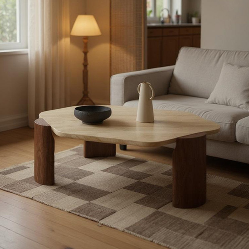 Rugged Hex Coffee Table with Stone Top, 13.8" H x 44.1" L x 36.6" W