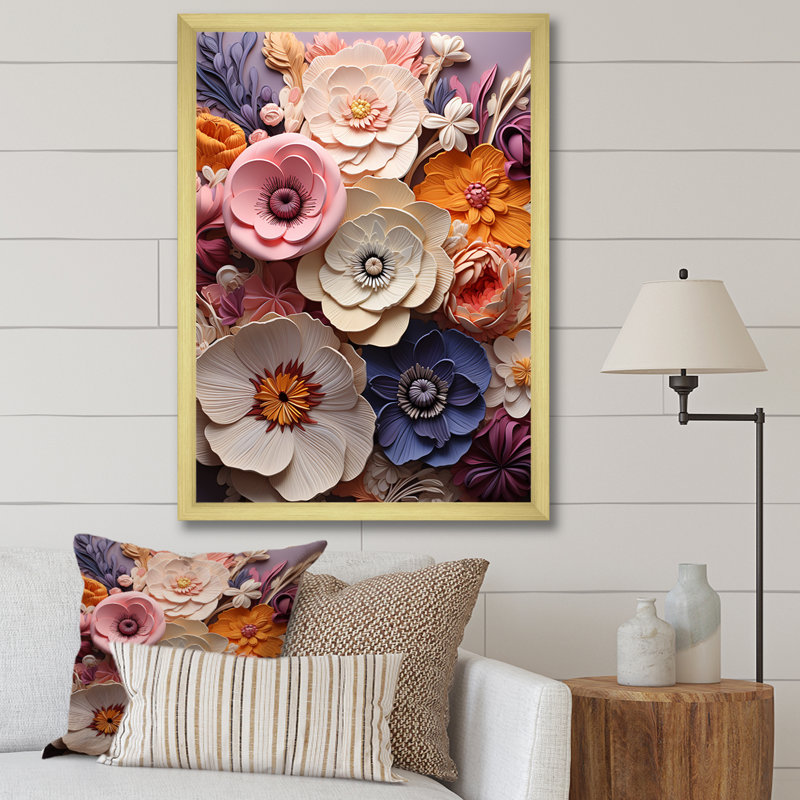Artistique beige et rose dans les pensées, Cadre doré simple, H 44 po x l 34 po x P 1,5 po