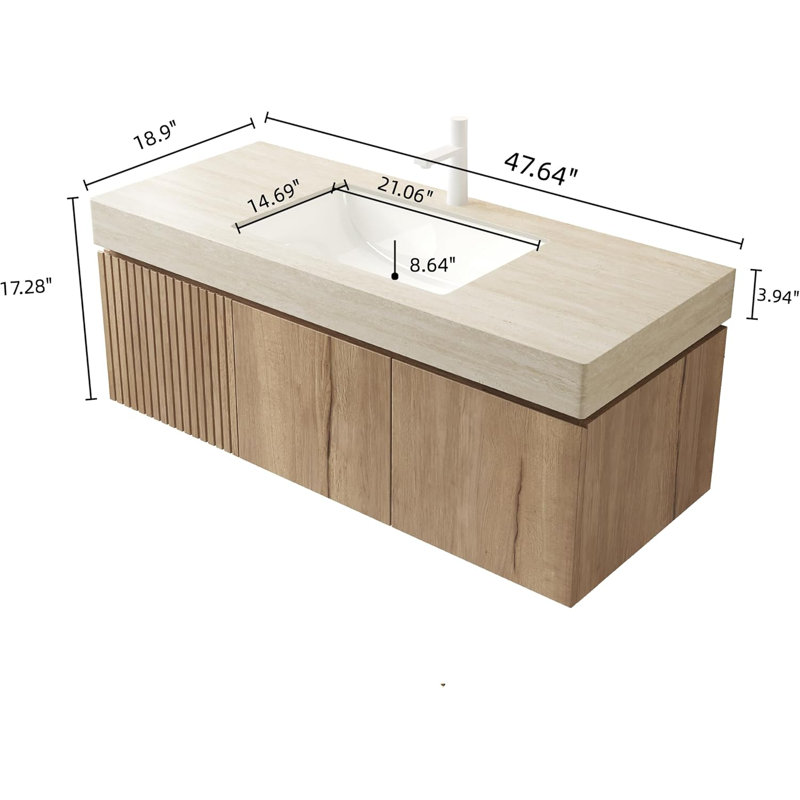 48"Bathroom Vanity with Drawer and 2 Doors, Travertine Countertop and Ceramic Basin, Pre-Assembled, Light Gray, Oak