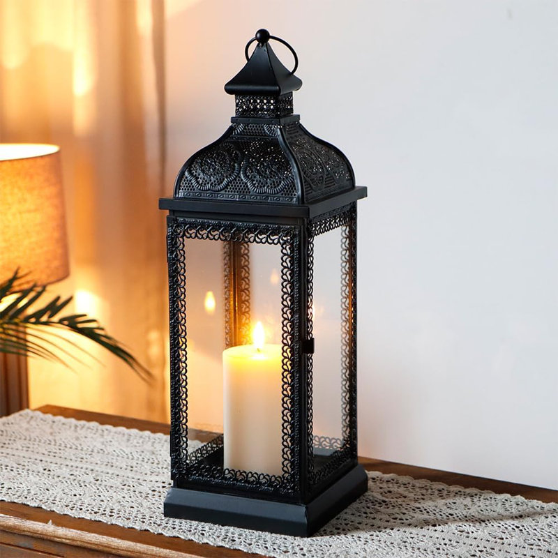 Glass & Metal Tabletop Lantern, 46cm H x 15cm W x 15cm D, Black