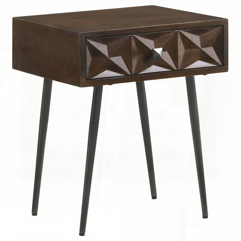 Table d'appoint brun foncé avec tiroir sculpté Starburst - Mid-Century