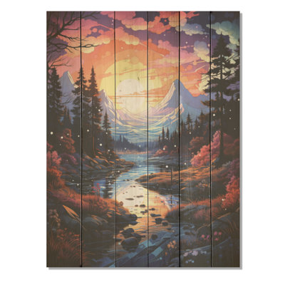 Kawaii Borealis Lamdscape - aurore boréale, art mural sur bois de pin naturel