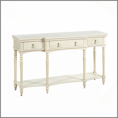 Console Traditional Traditional avec 3 tiroirs à fermeture en douceur et tablette inférieure, structure en bois massif, pieds romains tournés, poignées en cuivre rétro, blanc
