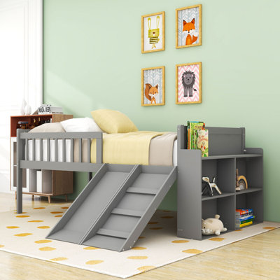Cadre de lit simple mezzanine bas avec glissière, échelle et tablettes de rangement