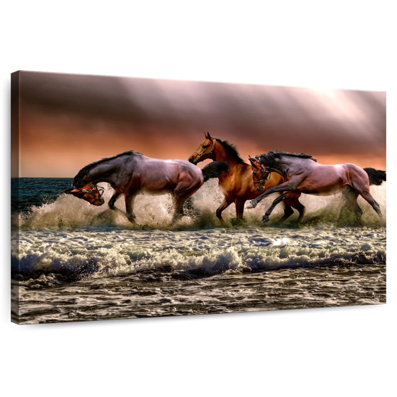 Foule de chevaux sur la plage, H 8 po x l 12 po