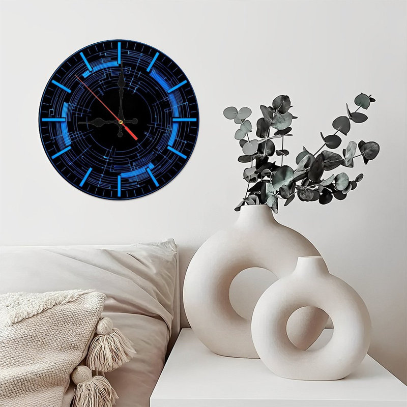 Horloge murale ronde en bois 10 po, mouvement à quartz silencieux, imprimé UV, à piles, Bleu