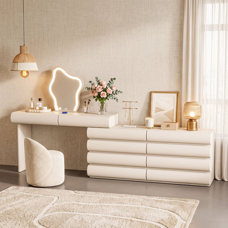 Coiffeuse extensible blanc crème avec tiroirs incurvés et 10 tiroirs de rangement, coiffeuse suspendue moderne avec commode pour chambre à coucher