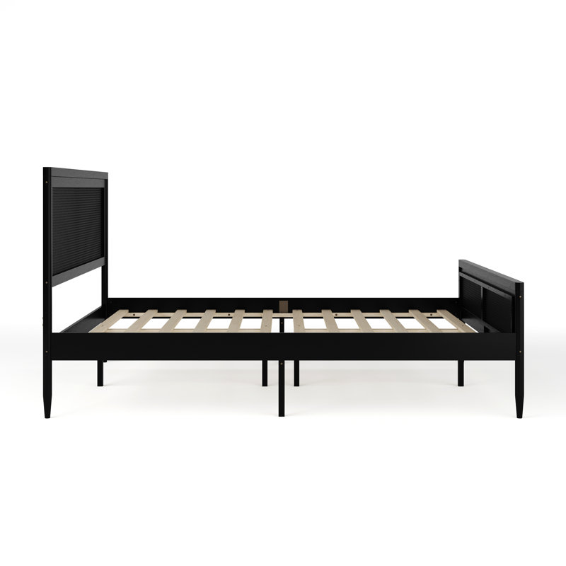 Black Queen Size Wood Platform Bed with Rattan Headboard and Footboard