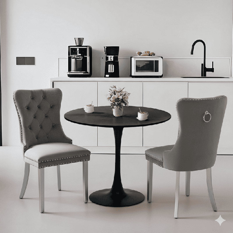 Ensemble de table de salle à manger rond avec 2 chaises, Noir, noir, noir, noir, Gris léger / argent