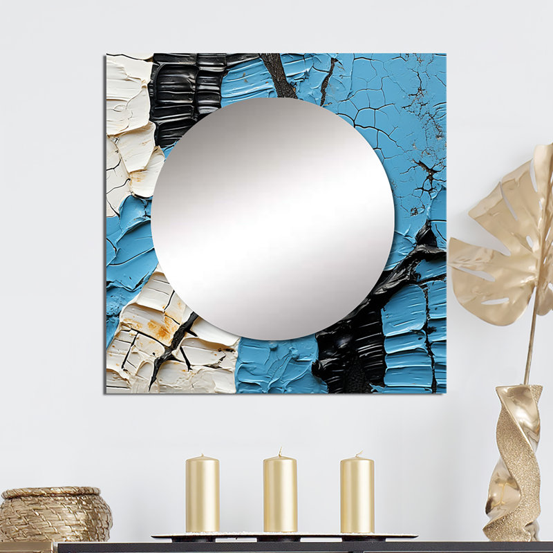 Oswestry - Black And Blue Paint Stroke Fight Abstract Shapes Square Mirror For Wall Art Decor, 36" x 36"