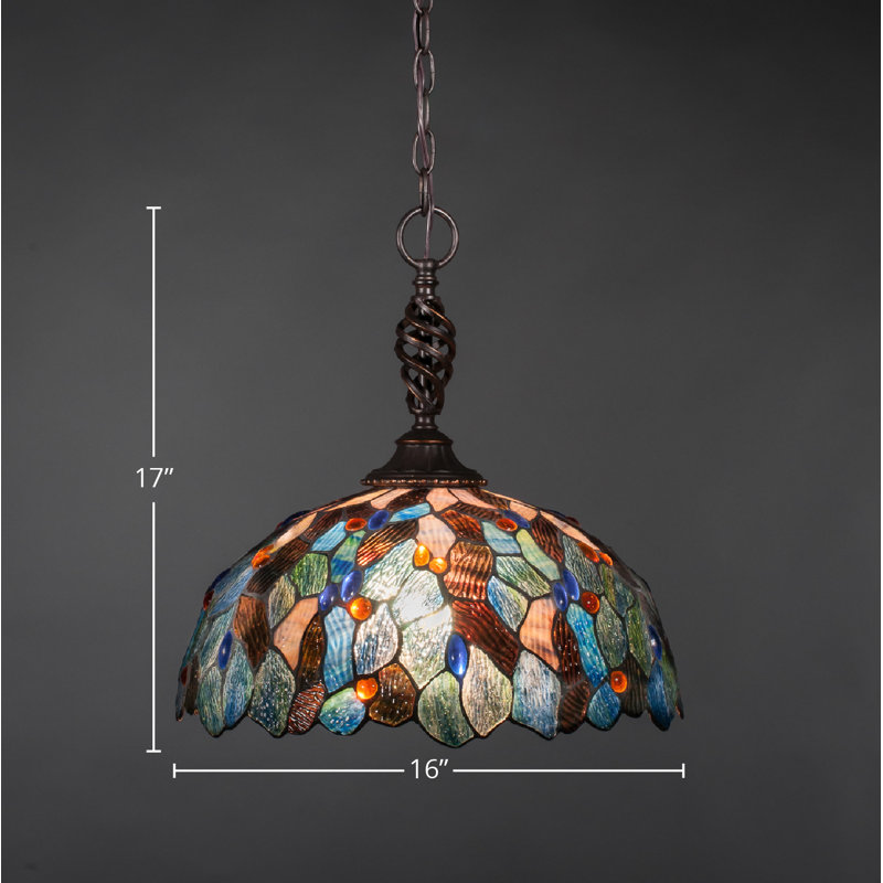 Eleganté Chain Hung Pendant Shown In Dark Granite Finish With 16", Italian Blue Mosaic Tiffany Glass