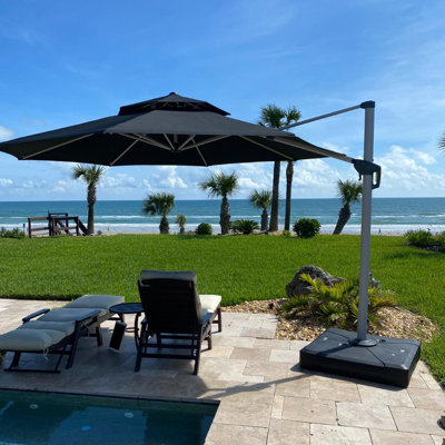 Outdoor Double Top Ronud Deluxe Cantilever Umbrella, With Base,Black