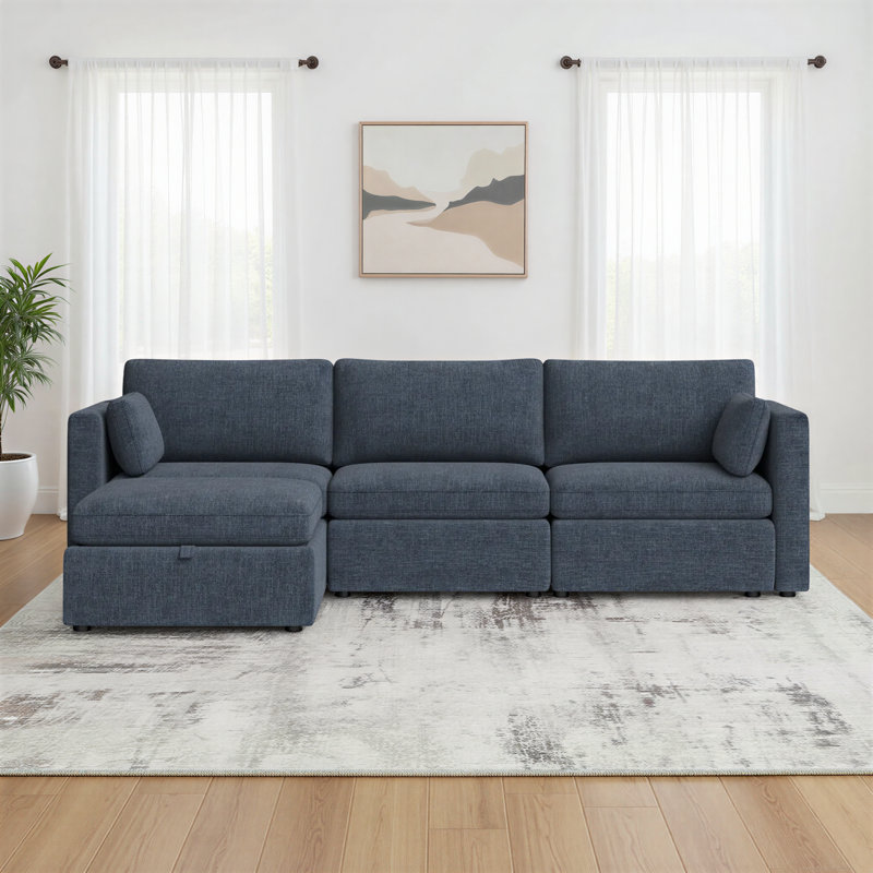 Winfree 112.6" W 4-Piece Modular Sectional with Storage Ottoman , Blue