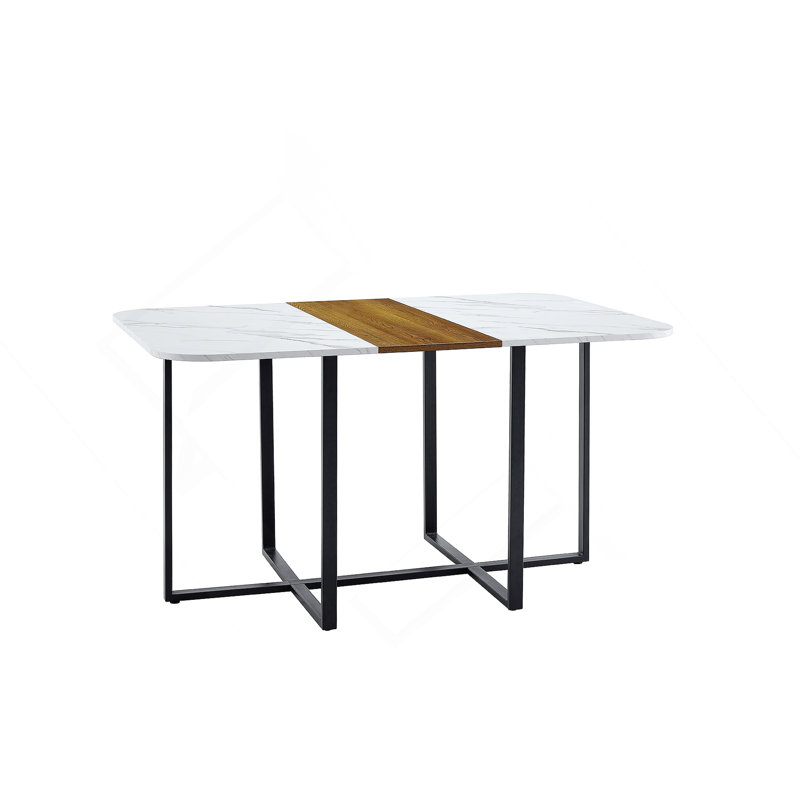 Modern Dual-Texture Table – MDF With Marble & Wood-Pattern Lacquer-Free Paper, Sturdy Black Metal Frame, 4-6 Seater Multi-Use Table For Kitchen/Dining Nook/Home Office