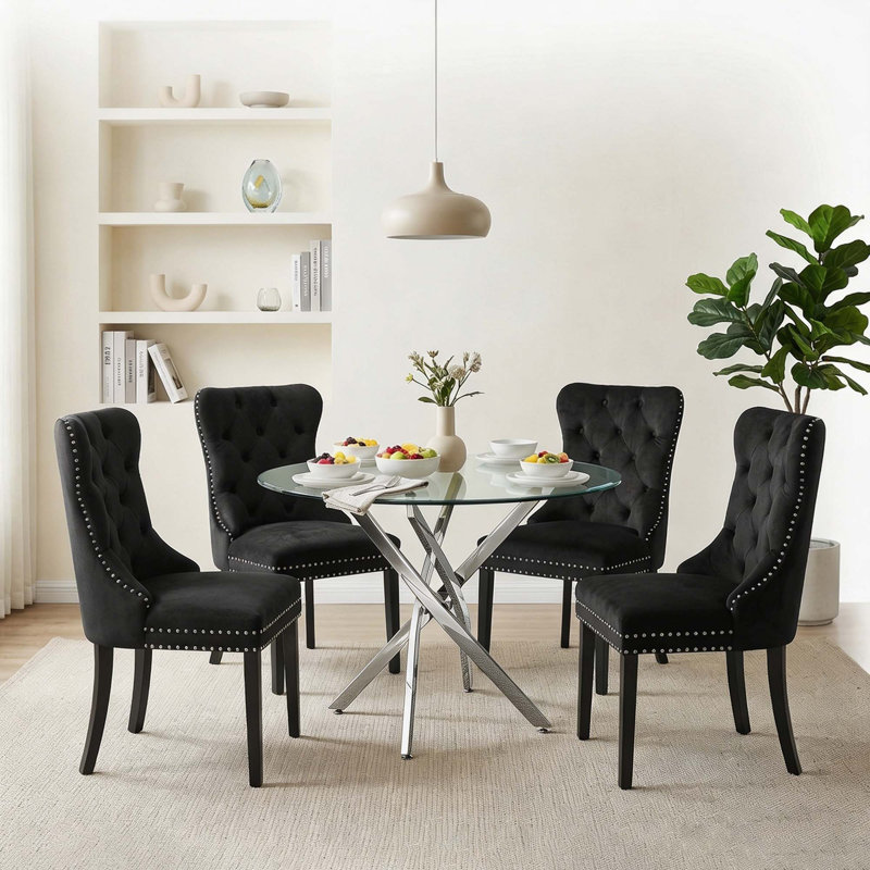 5-Piece Round Glass Table Set With Velvet Chairs – Metal Base, Seats 4, 5 Pieces: Table, 4 Chairs, Black, Silver