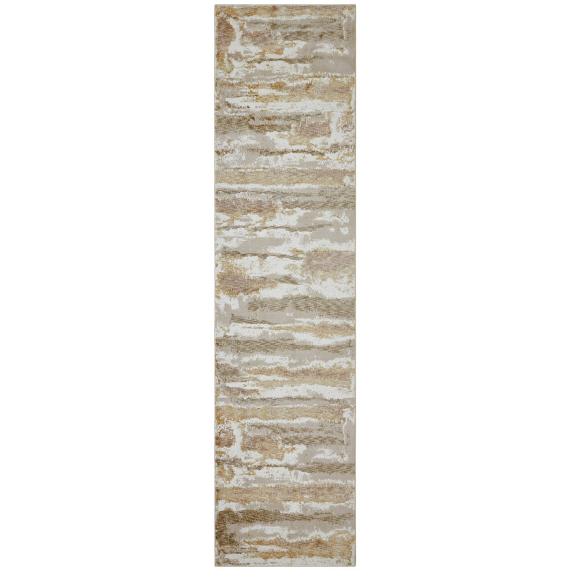 Narooma Ivory Gold Brushstroke Stripe Area Rug, Runner 2'6" x 10'