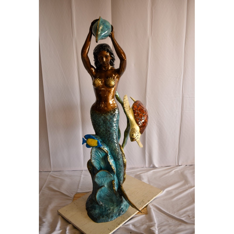 Hand Crafted Mermaid With Clown fish and Turtle Bronze Fountain Statue 32" x 19" x 60"H