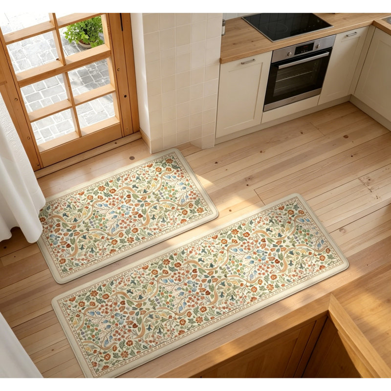 Tapis de cuisine pour cuisine, paquet de 2, floral rétro antidérapant, Beige