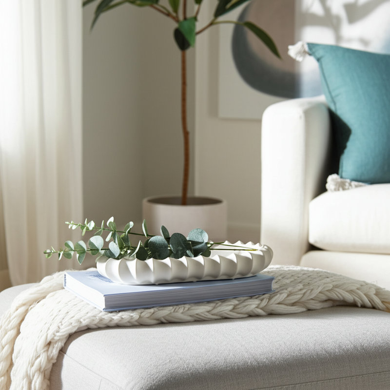 Decorative Oval Accent Tray with Scalloped Edge for Home Decor - Modern Home Decor Tray for Coffee Table, Kitchen, Trinket, or Jewelry - 18.75", Ivory
