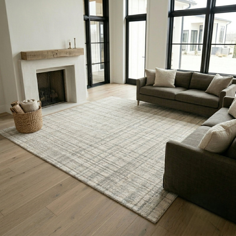 Tapis ivoire en laine à carreaux Bakstran, Rectangle 7 pi 6 po x 9 pi 6 po