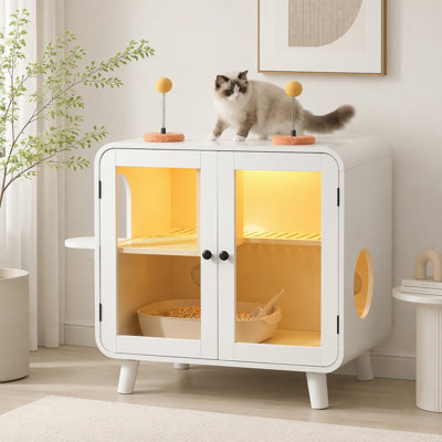Cat Litter Box Enclosure with LED Light and Stairs and Toys