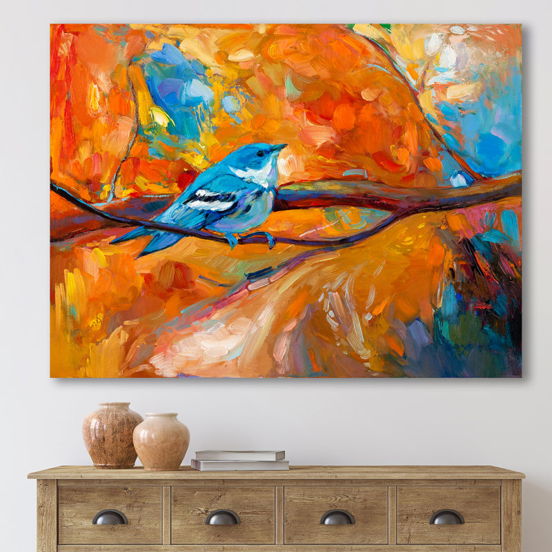 Oiseau fauve bleu sur une branche - peinture sur toile, H 24 po x l 32 po x P 1 po, Toile tendue