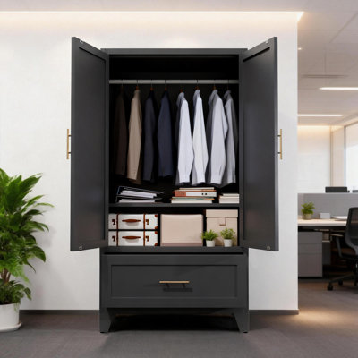 Armoire-penderie en métal de 60 po de hauteur avec 1 tiroir et tringle, 2 garde-robes avec tablette pour le bureau, la salle de lavage, la chambre à coucher, le vestibule, le vestibule, la maison d'amis (noir)