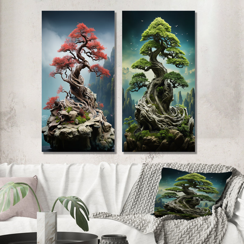 «Asian Art Bonsais Wisdom», 2 pièces sur toile, Toile tendue, H 20 po x l 24 po