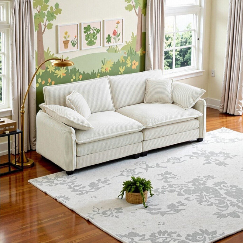 Cozy & Stylish 2-Seater Beige Corduroy Sofa with 4 Plush Pills - Perfect for Living Room, Beige