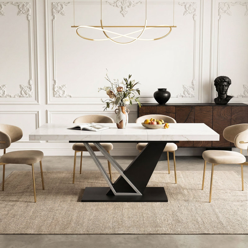 Table de salle à manger extensible en faux marbre avec base en métal pour 8 à 10 personnes