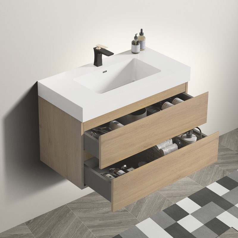 Meuble-lavabo en chêne 36 po - lavabo noir, fixation murale, finition fonctionnelle de style rangement, extra