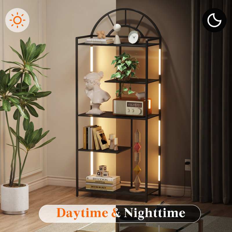 Arched Geometric Led Display Shelf With Adjustable Colour Temperature, Brightness Control, Etagere Bookshelf With Metal Frame And Wood Shelf For Living Room, Bedroom, Curio Cabinet, Black