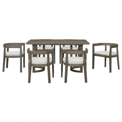 7 Piece Dining Table Set for 6, Rectangular Kitchen Table Set with 6 Upholstered Barrel-Back Chairs, Wood Grain Dining Room Table with Curved Chair Ba