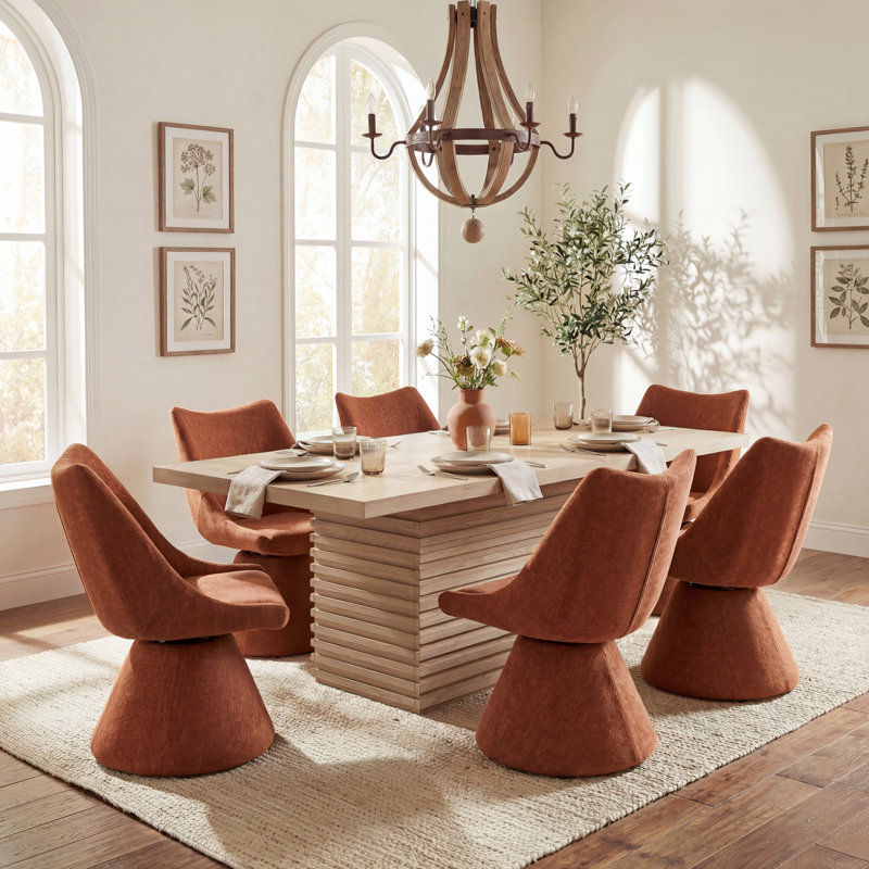 Aurelio 7-Piece Dining Table Set With 180° Swivel Chairs & Wooden Top, Brown