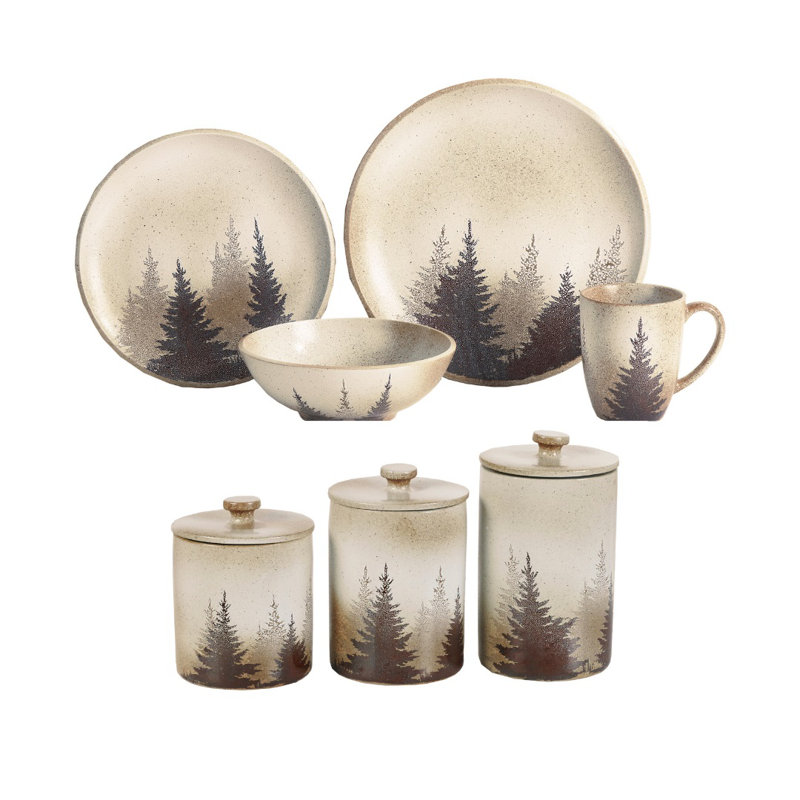  Clearwater Pines Ceramic Southwestern Rustic Lodge 19 Piece Dinnerware & Canister Set