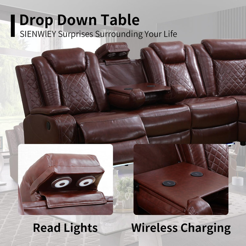 3-Pieces 210" Breathing Leather Power Reclining Theater Sectional With LED Lighting, Brown