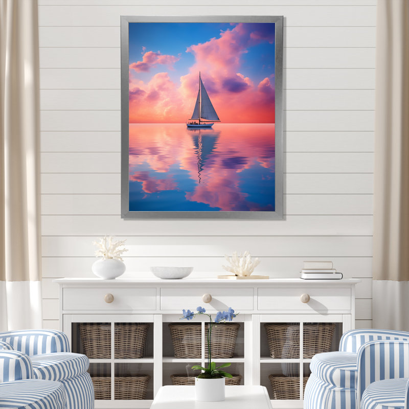 Voilier vibrant rose et coucher de soleil - reproduction sur toile, H 32 po x l 24 po x P 1 po, Cadre simple argenté