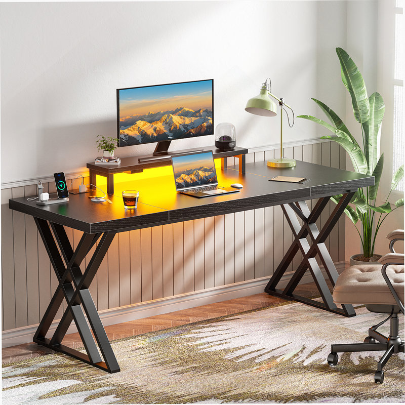 Bureau d'ordinateur avec station de charge USB, bande lumineuse à DEL, Noir