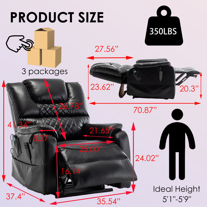 Carollynn Faux Leather Reclining, Dual Motor Lay Flat with Heat & Massage, Black Faux Leather