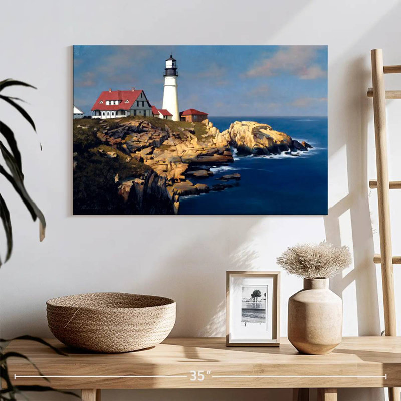 Phare côtier d'Aletra avec maisons rouges, H 16 po x l 24 po